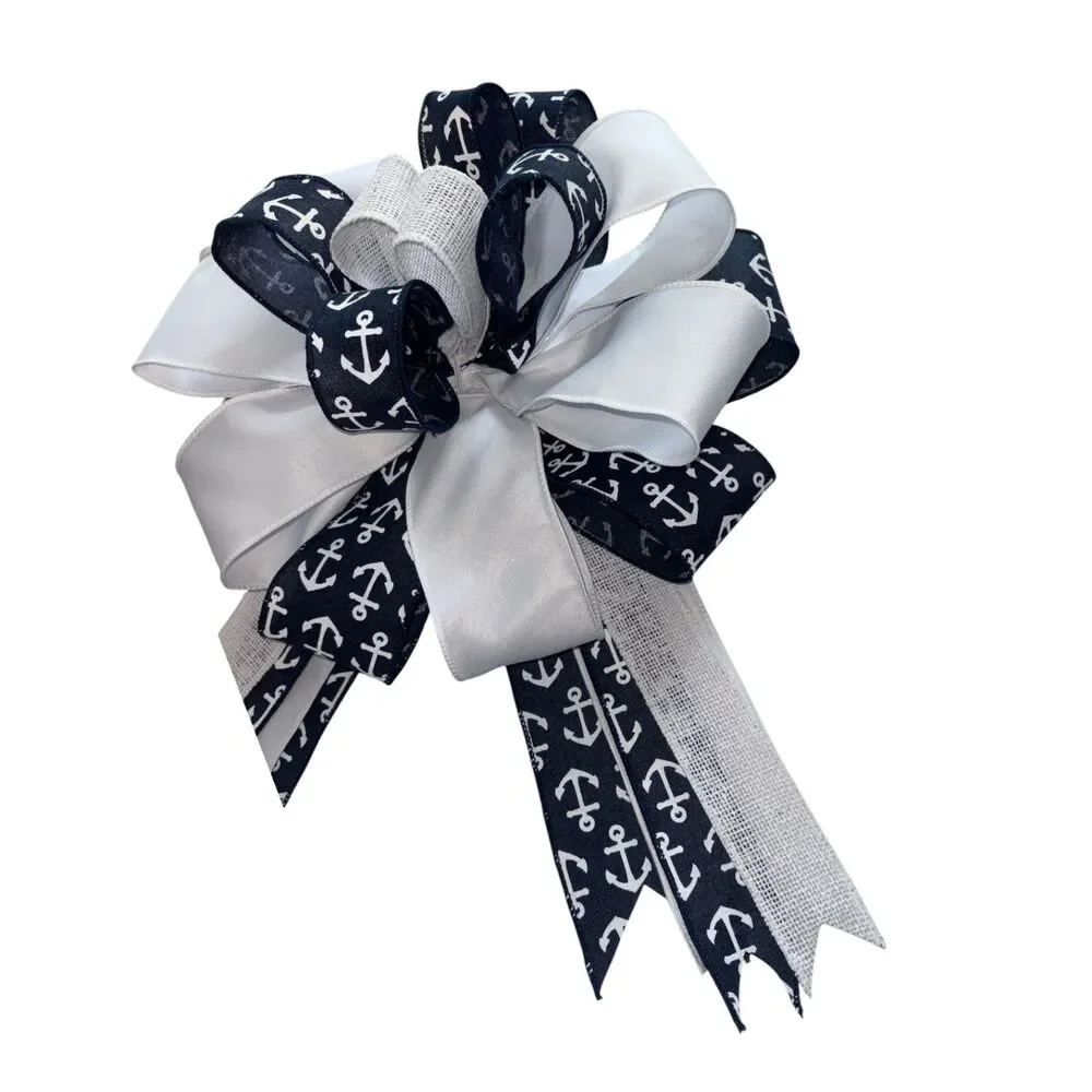 12‑Inch Nautical Anchor Bow | Navy & White Coastal Wreath Bow | Beach House